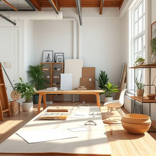 Een sfeervolle foto van de studio van Ontwerp Studio Aurora met design materiaal op tafel.